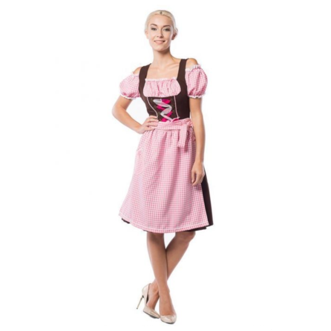 Partychimp Dirndl - Jurk - Anne - Lang - Roze, bruin, wit - 5XL