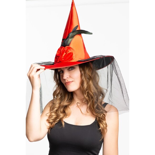 Partychimp Heksenhoed - Met bloem & tule - Rood