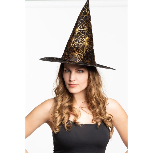 Partychimp Heksenhoed - Spinnenweb print - Zwart/goud