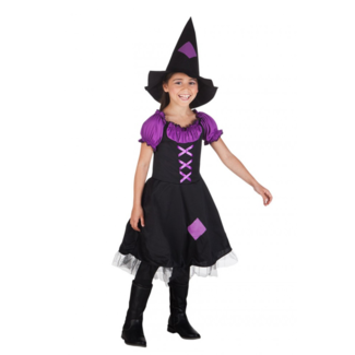 PartyXplosion Kostuum - Heks - Jurk & hoed - Zwart, paars - mt.104/116