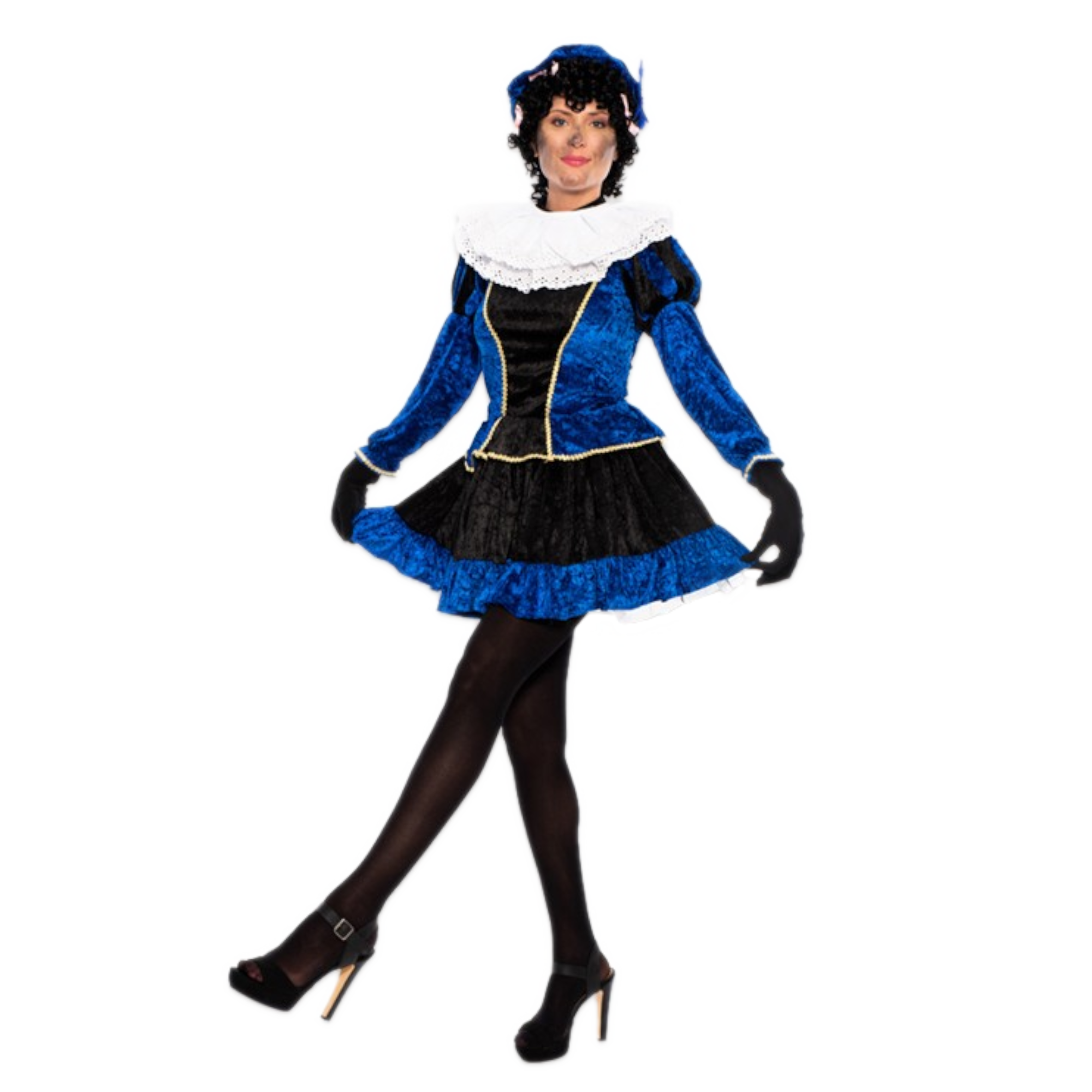 Piet - Kostuum - Jurk - Met petticoat - Blauw, zwart - Velours - S