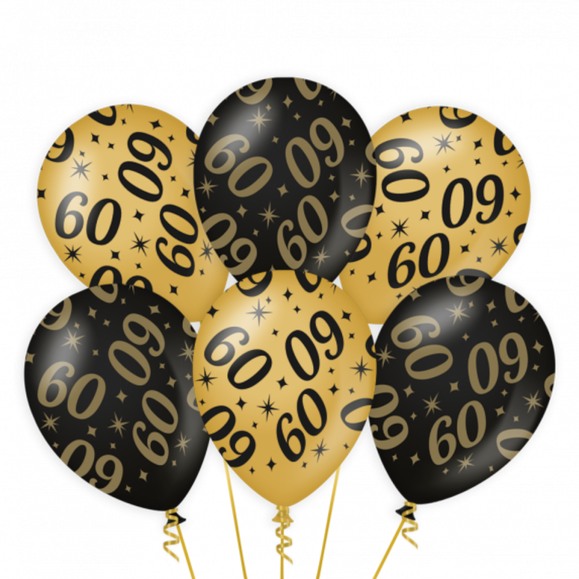 Ballonnen - 60 jaar - Goud, zwart - 30cm - 6st.