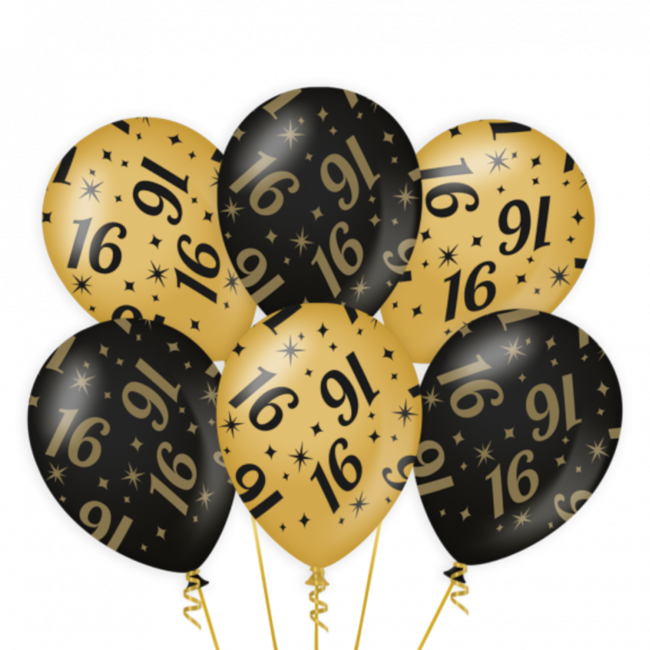 Paperdreams Ballonnen - 16 jaar - Goud, zwart - 30cm - 6st.