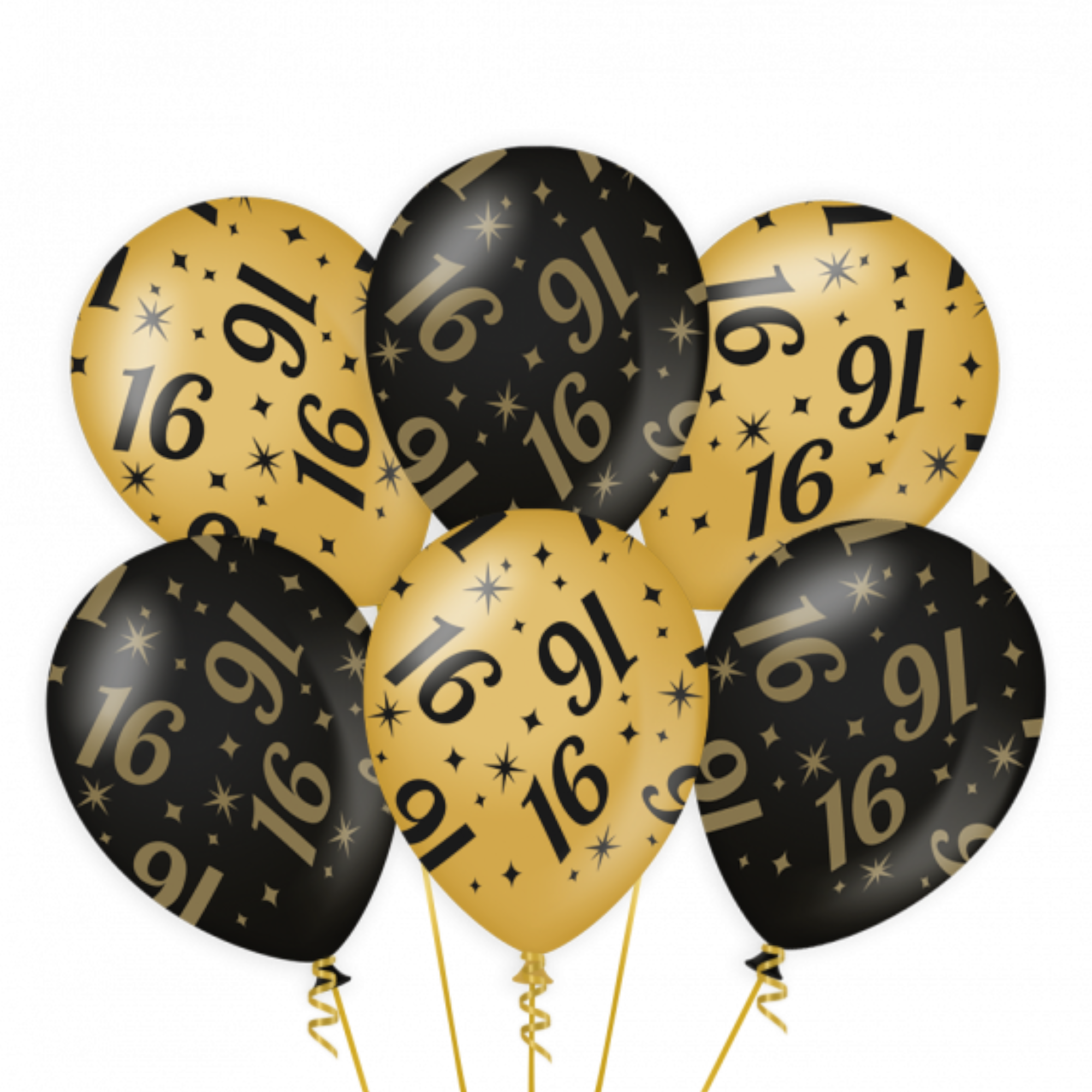 Ballonnen - 16 jaar - Goud, zwart - 30cm - 6st.