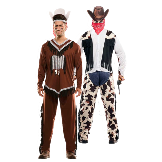Haza-Witbaard Indiaan & cowboy in 1 - Kostuum - Dubbel - M/L