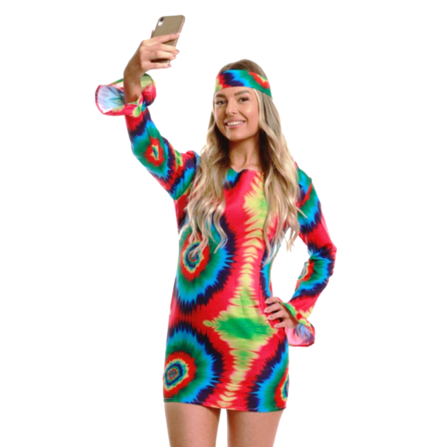 Partychimp Kostuum - Jurk - Hippie - Tye dye - Neon - L