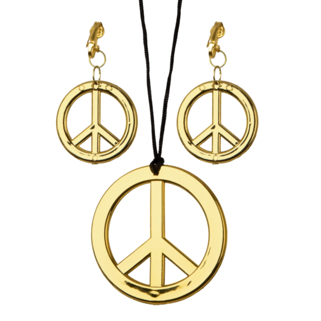 PartyXplosion Hippie set - Peace - Ketting plus 2 oorclips - Goudkleurig