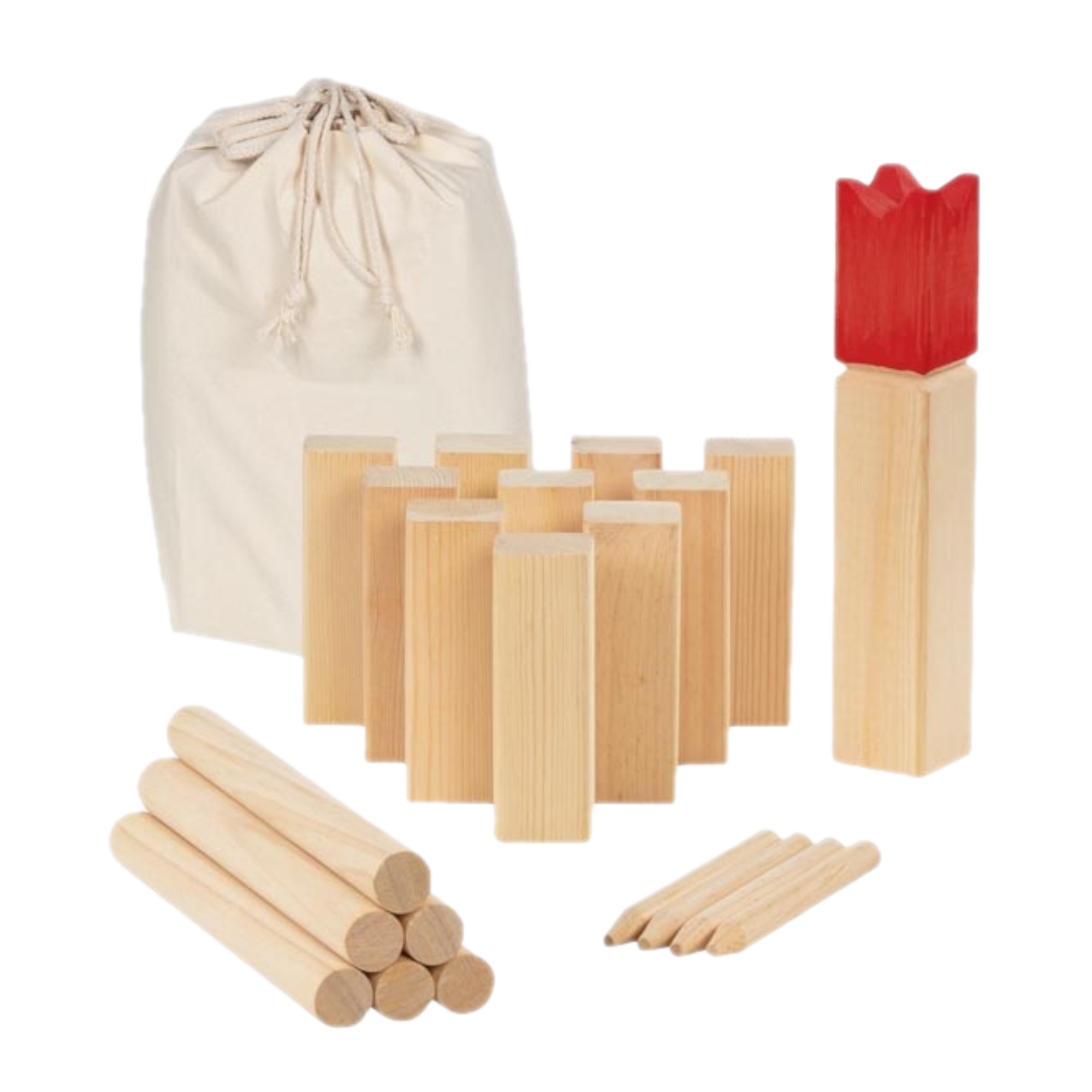 Spel - Kubb - 21dlg. - Hout - In katoenen zak - Hoogte koning 25cm