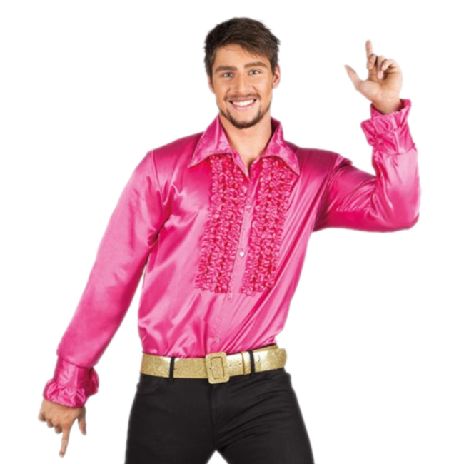 Haza-Witbaard Kostuum - Disco - Blouse - Knalroze - Met ruches - XL / XXL