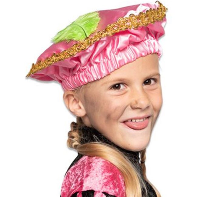 Haza-Witbaard Muts - Baret - Piet - Roze - Satijn - Met veer