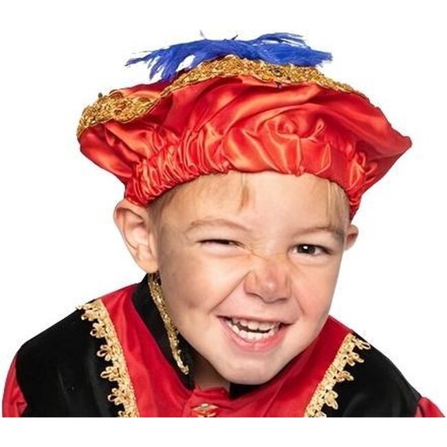 Haza-Witbaard Muts - Baret - Piet - Rood - Satijn - Met veer - Kind