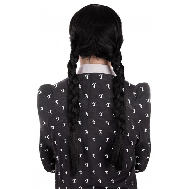 PartyXplosion Pruik - Wednesday - Zwart met lange vlechten - Luxe