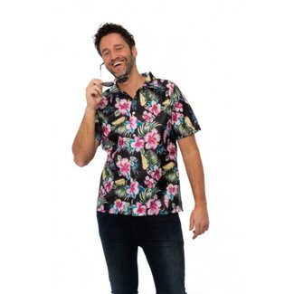 Partychimp Kostuum - Blouse - Hawai - Zwart met bloemen - L