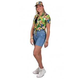 PartyXplosion Kostuum - Blouse - Knoopbloes - Hawaii - Met zonneklep - Oranje - mt.40/42