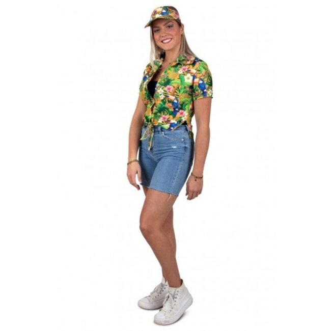 PartyXplosion Kostuum - Blouse - Knoopbloes - Hawaii - Met zonneklep - Oranje - mt.40/42