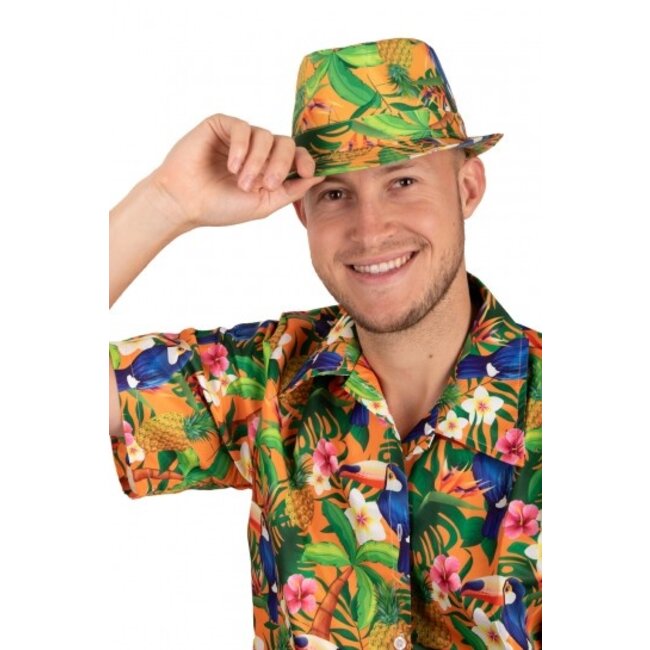 PartyXplosion Hoed - Gleufhoed - Hawaii - Met print - Oranje