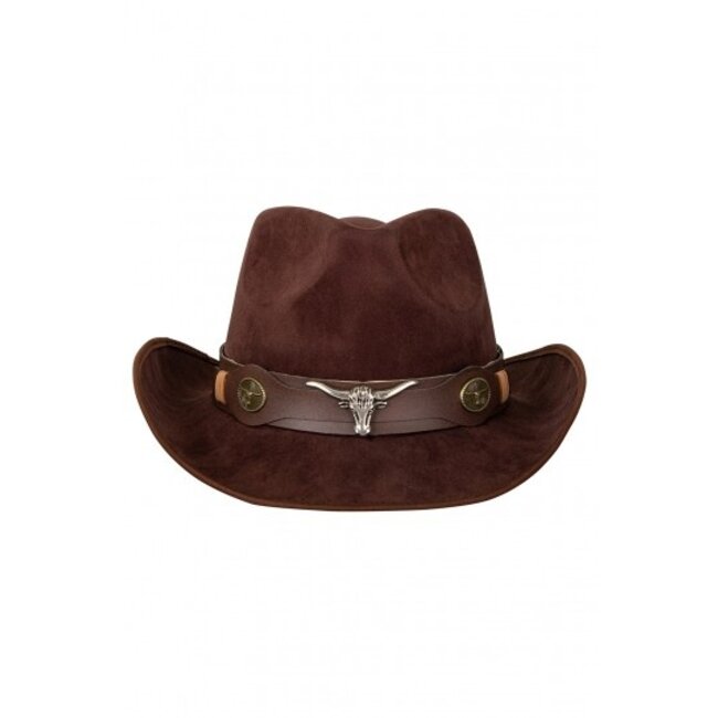 PartyXplosion Hoed - Bruin - Cowboy - Leatherlook - Met stierenkop