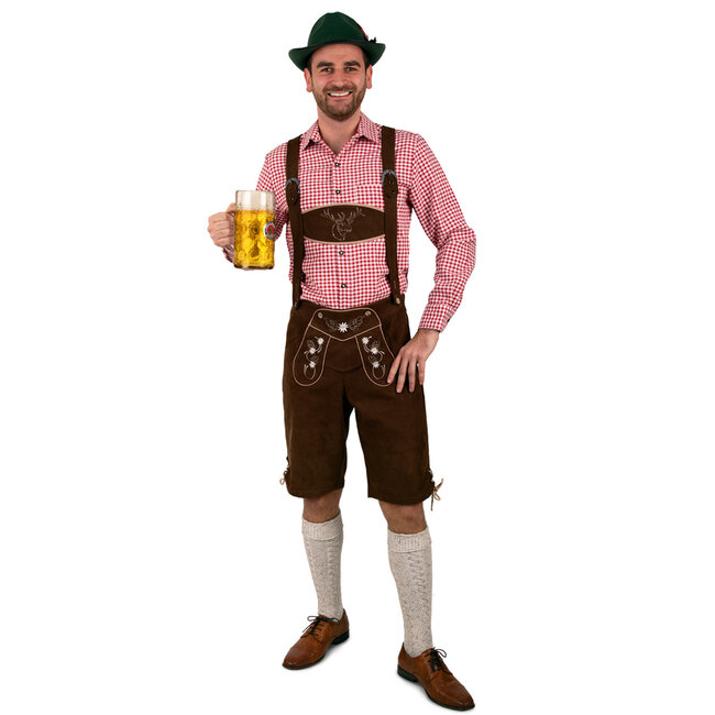 PartyXplosion Kostuum - Lederhose - Donkerbruin - Met bloemenborduursel - Kort - mt.58 - XXXL