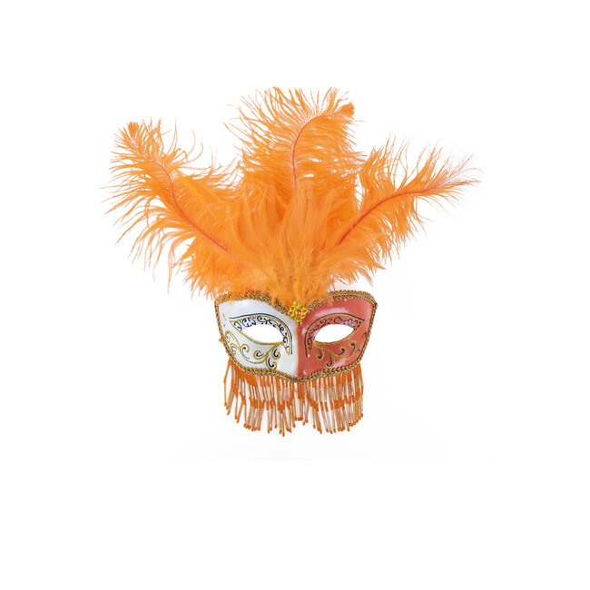 PartyXplosion Oogmasker - Venetiaans - Gran gala - Oranje, wit en goud - Met veren