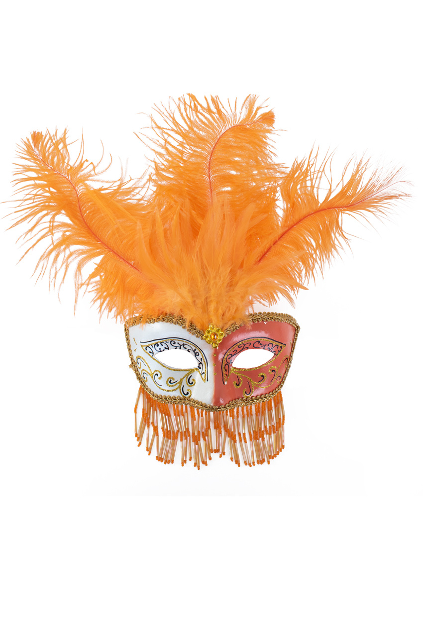 Oogmasker - Venetiaans - Gran gala - Oranje, wit en goud - Met veren