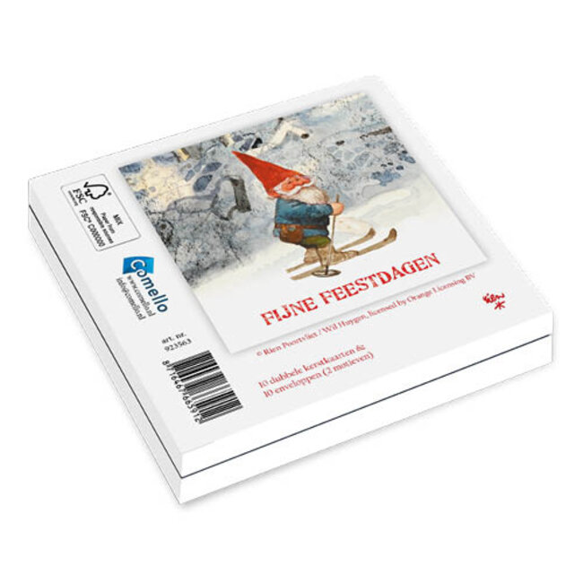 Comello Kaarten - Kerst - Rien Poortvliet - Kabouter met konijn & skieën - 2 motieven - 10st.