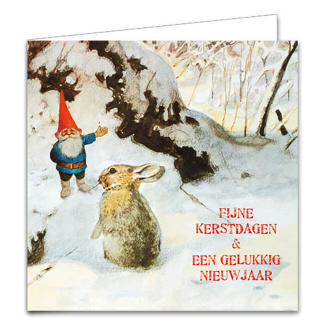 Comello Kaarten - Kerst - Rien Poortvliet - Kabouter met konijn & skieën - 2 motieven - 10st.