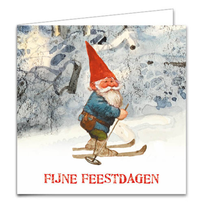 Comello Kaarten - Kerst - Rien Poortvliet - Kabouter met konijn & skieën - 2 motieven - 10st.