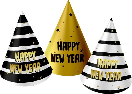 Feesthoedjes - Happy new year - Goud, zwart, wit - 6st.