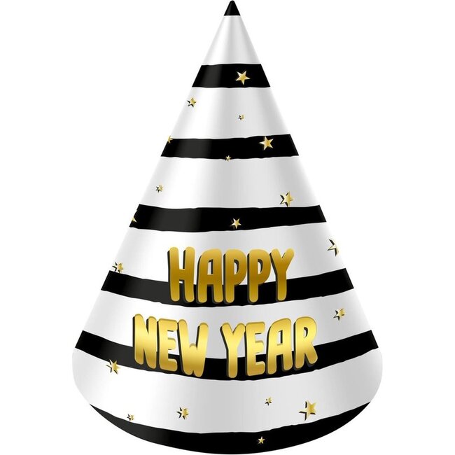 Folat Feesthoedjes - Happy new year - Goud, zwart, wit - 6st.