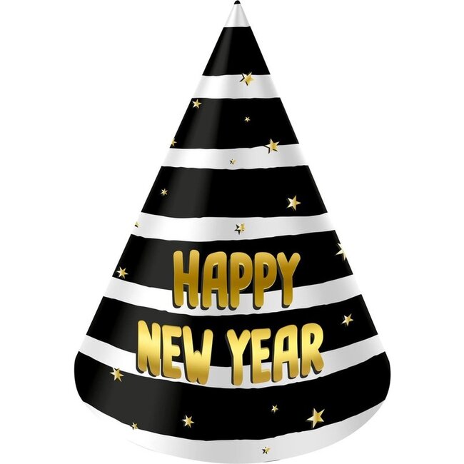 Folat Feesthoedjes - Happy new year - Goud, zwart, wit - 6st.