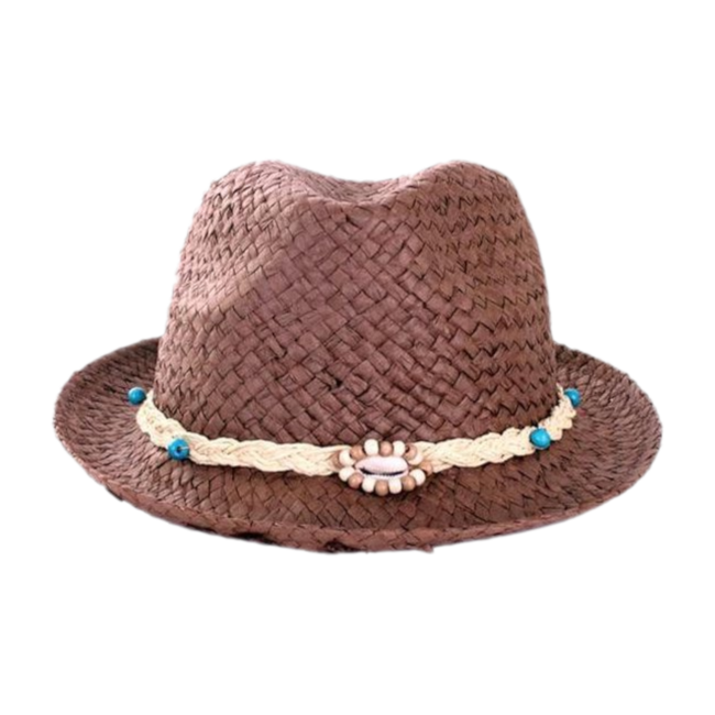 PartyXplosion Hoed - Gleufhoed - Stro - Donker - Met hippiebandje