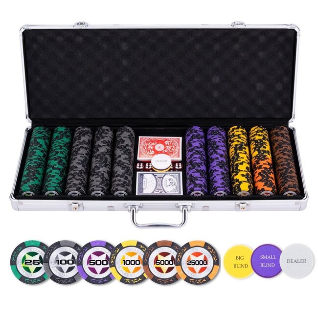 Pokerset in zilverkleurige koffer - High stake - 500 chips (14 gram)