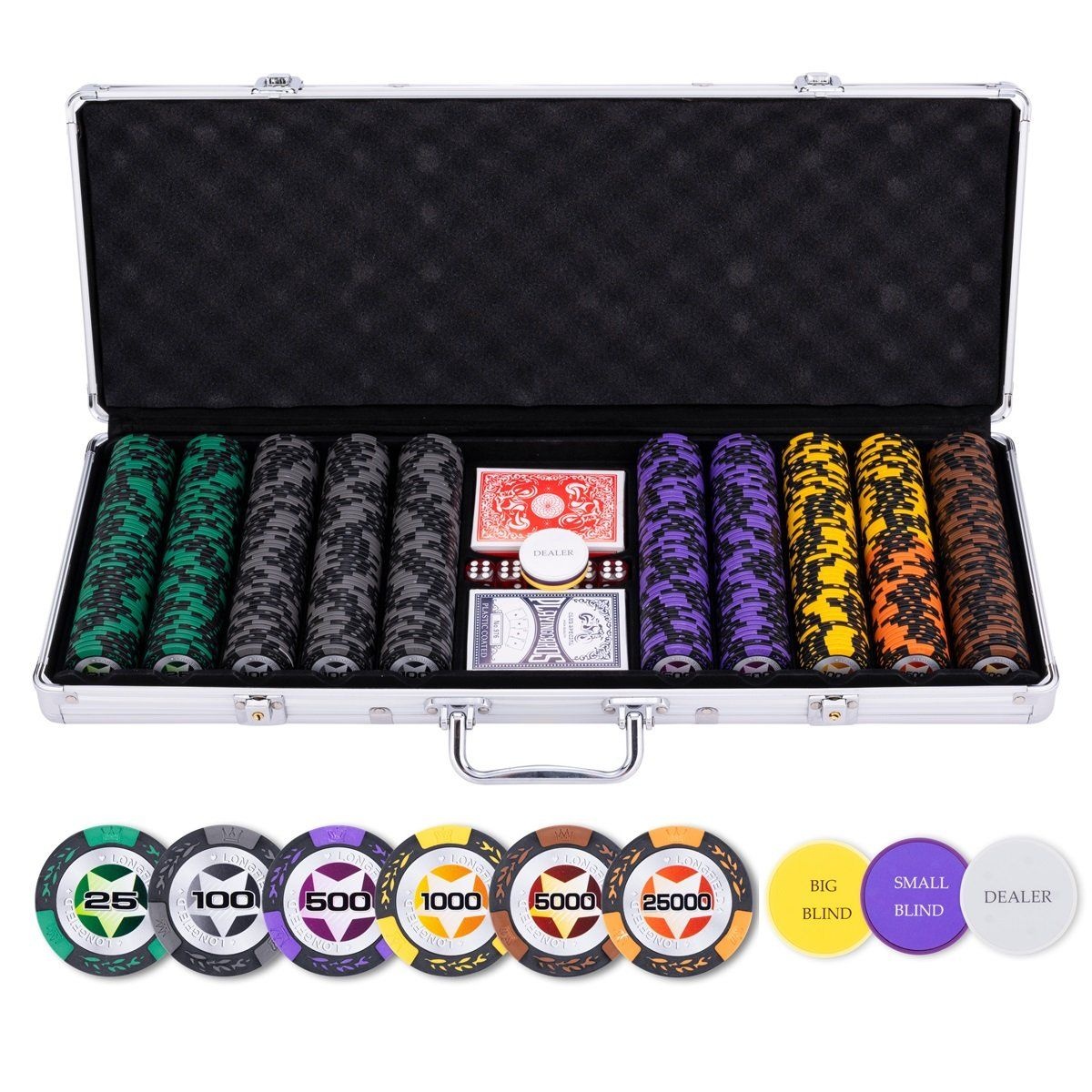 Pokerset in zilverkleurige koffer - High stake - 500 chips (14 gram)