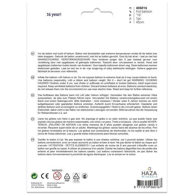 Haza-Witbaard Folieballon - 16 jaar - Cijfers - 45cm - zonder vulling
