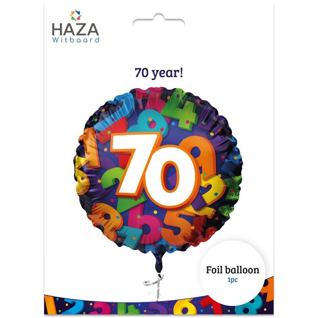 Haza-Witbaard Folieballon - 70 jaar - Cijfers - 45cm - zonder vulling