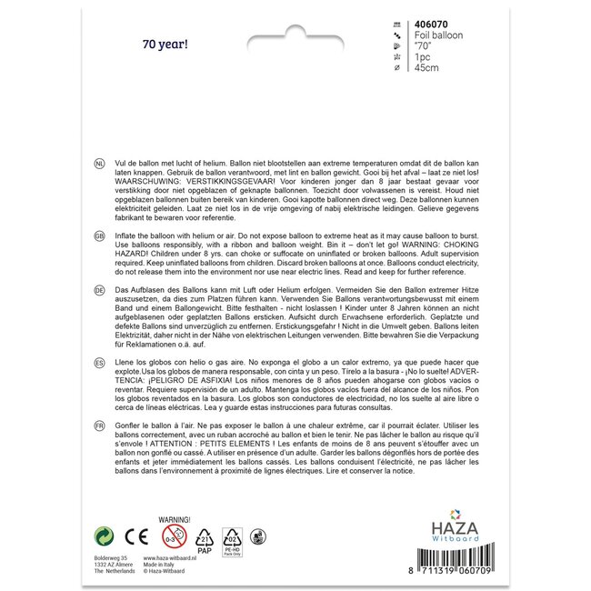 Haza-Witbaard Folieballon - 70 jaar - Cijfers - 45cm - zonder vulling