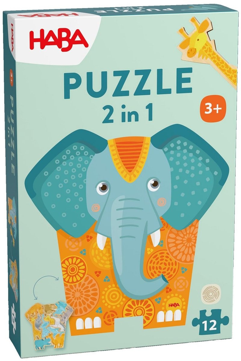 Puzzel - 2 in 1 - Olifant - Hout - 12dlg - 3+