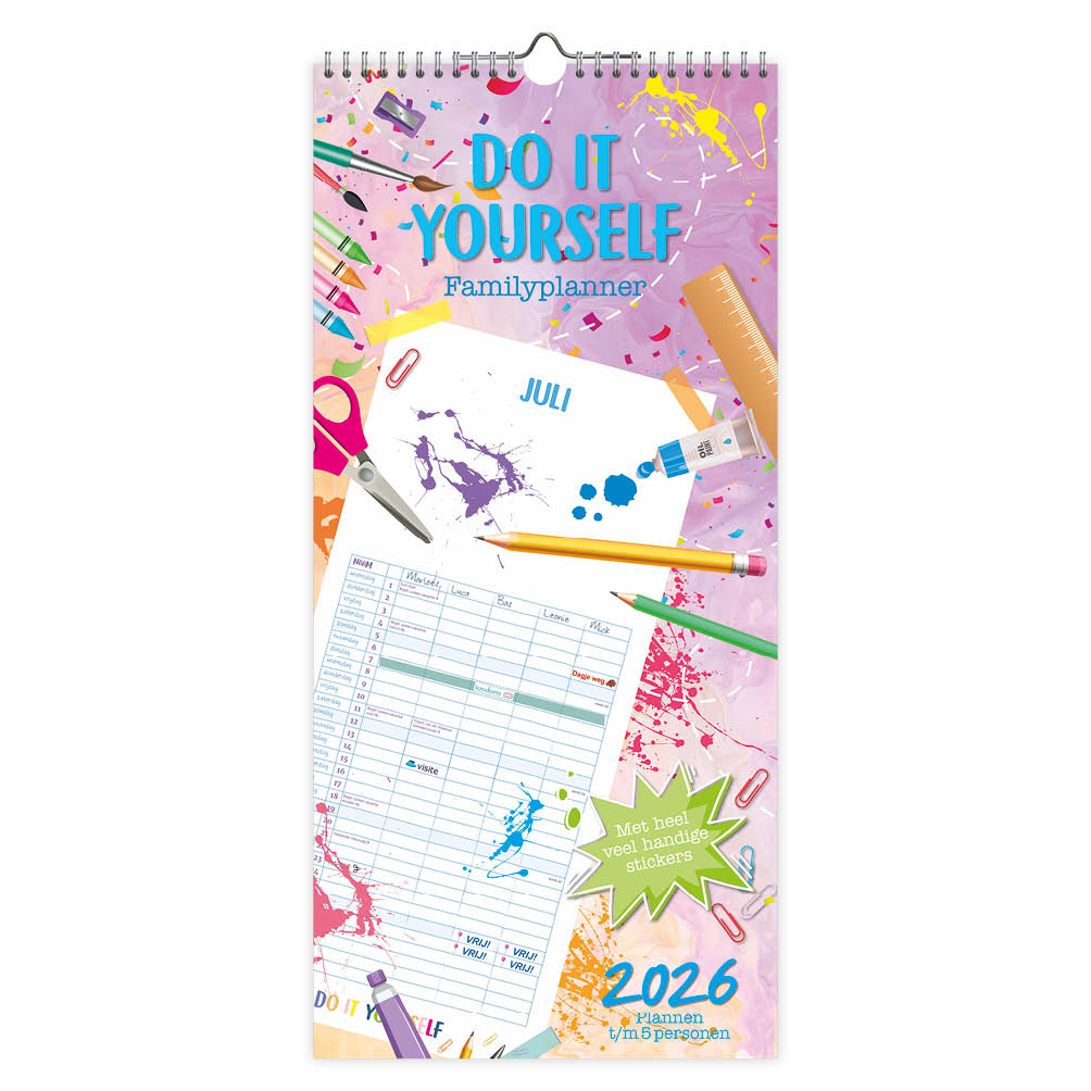Familie notitiekalender - 2026 - Do it yourself - Met stickers - t/m5 personen - 21x45cm