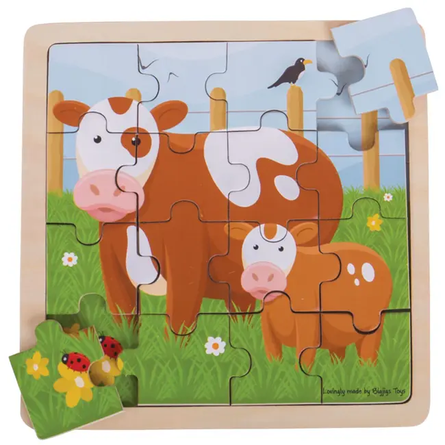 BigJigs Puzzel - Koe met kalf - Hout - 18x18cm - 16st.