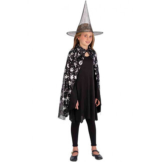 Partychimp Kostuum - Heksencape met hoed - Zwart/zilver - Voor kinderen - One size