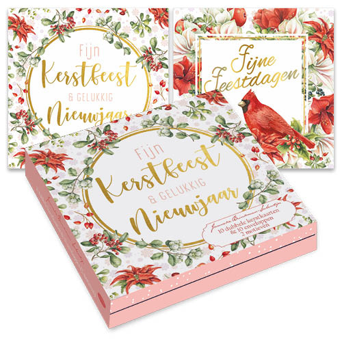 Kaarten - Kerst - Janneke Brinkman - Bloemenkrans & rode kardinaal - 10st.