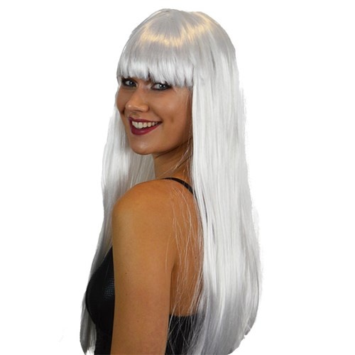 Pruik - Lang steil haar met pony - Wit