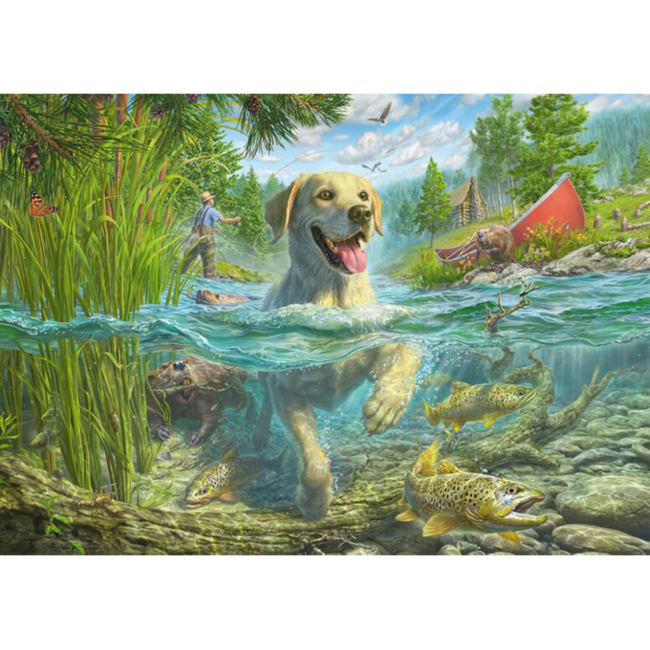Puzzel - Hondenliefde, blonde labrador op vissenjacht - 1000st.