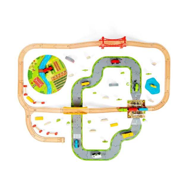 BigJigs Rail - Treinset - Platteland - Met rails en wegdelen - 80dlg.