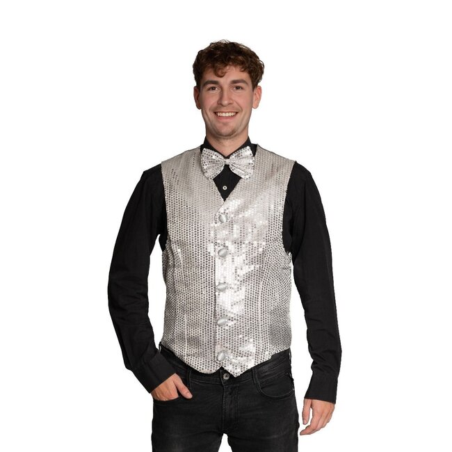 Partychimp Gilet & vlinderstrik - Disco - Zilver - Glanzend - XL