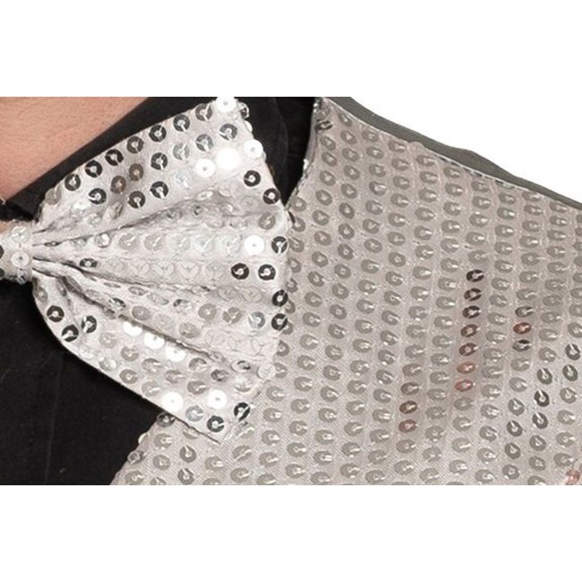 Partychimp Gilet & vlinderstrik - Disco - Zilver - Glanzend - XL