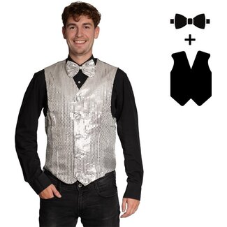 Partychimp Gilet & vlinderstrik - Disco - Zilver - Glanzend - XL