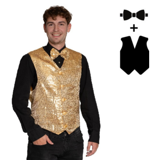Partychimp Gilet & vlinderstrik - Disco - Goud - Glanzend - XL