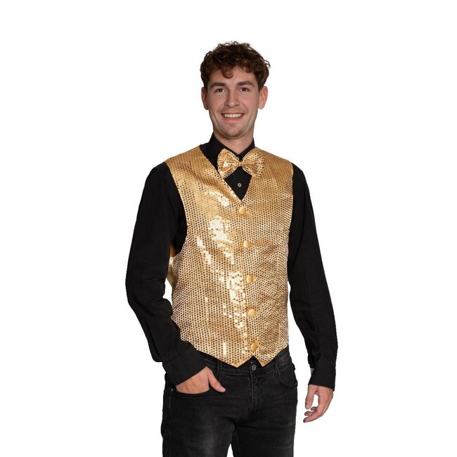 Partychimp Gilet & vlinderstrik - Disco - Goud - Glanzend - L