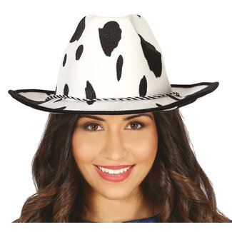 Hoed - Cowboy - Wit met koeienprint